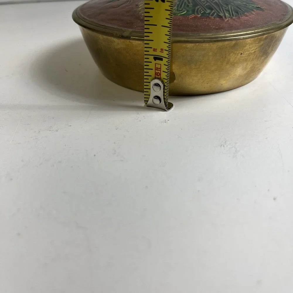 Vintage Made in India Brass Enamel Trinket Box Bird